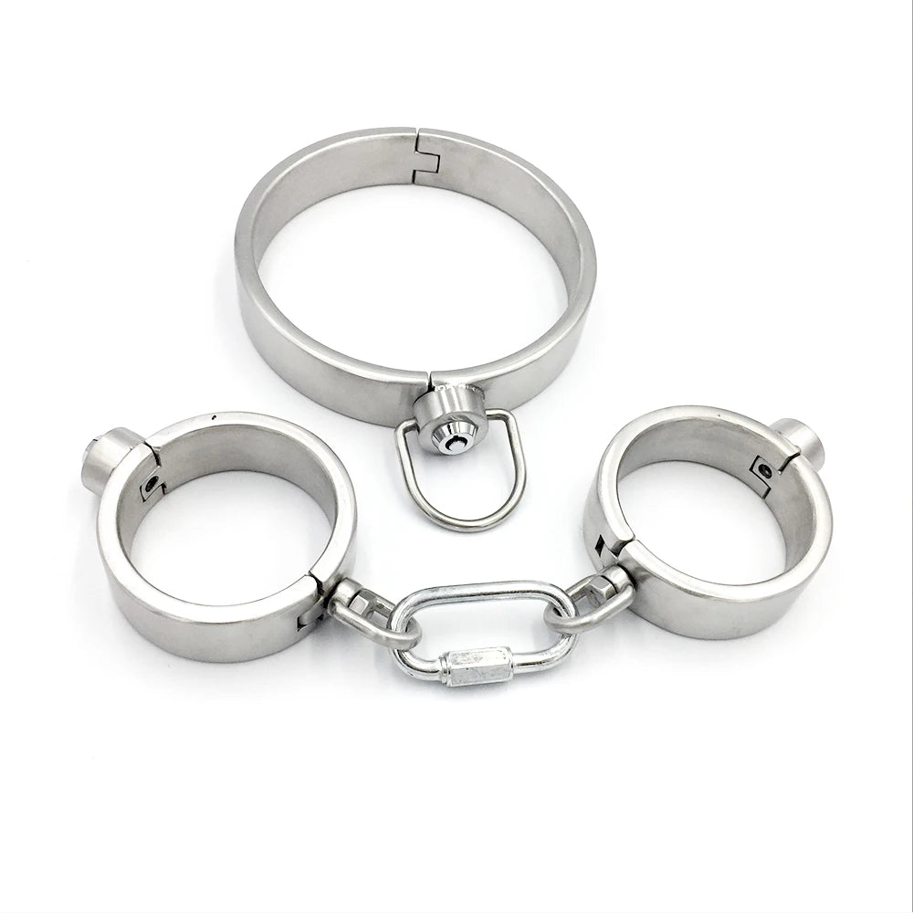 Stainless Steel Bondage Handcuffs Shackles Neck Collar Restraint Wrist Lock BDSM with Chain Set Adult Game Sex Toys for Couple