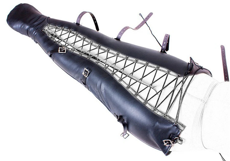 BDSM Bondage Leg/Arm Binder,Behind Back Straight Jacket,SM Leather Armbinder Restraint Slave Lockable Glove With Shoulder Straps