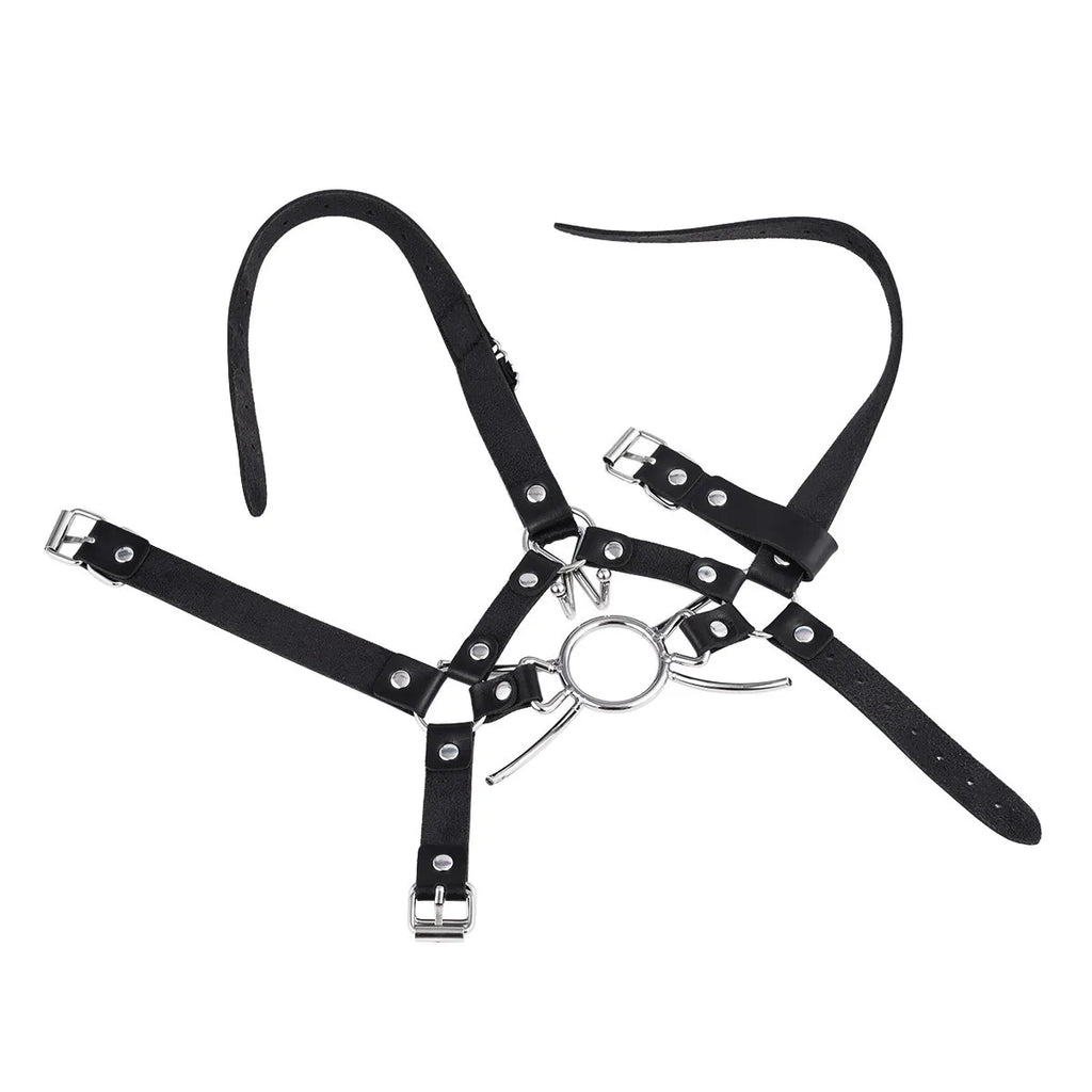 Bdsm Slave Metal Nose Hook,Oral Fixation Fetish Open Mouth Bite Gag with Nose Clip,SM Leather Head Bondage Harness Strap Sex Toy