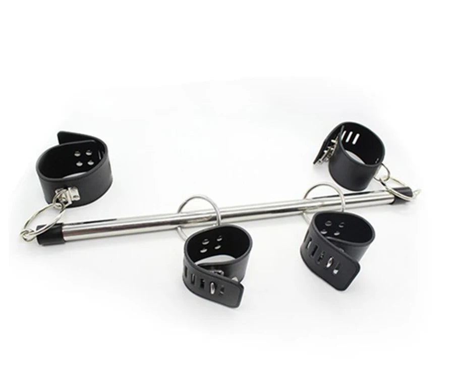 BDSM Bondage Adjustable Handcuffs Ankle with Stainless Steel Open Legs Pu Leather Set Silicone Mouth Gags for Couple Sex Games