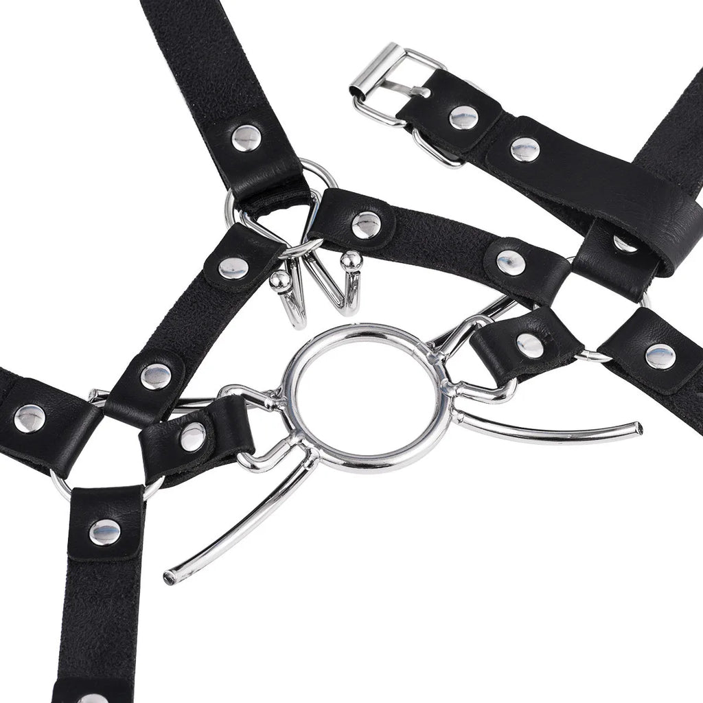 Bdsm Slave Metal Nose Hook,Oral Fixation Fetish Open Mouth Bite Gag with Nose Clip,SM Leather Head Bondage Harness Strap Sex Toy