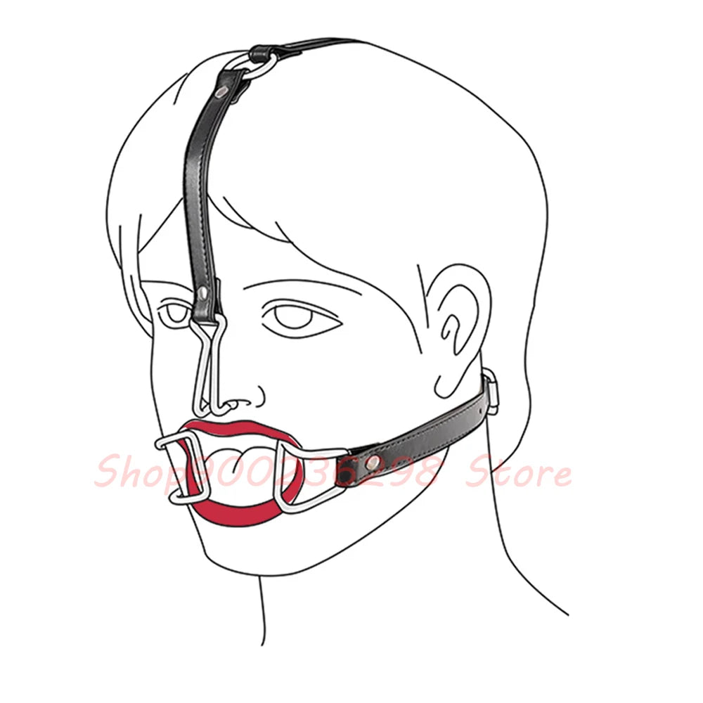 Bdsm Slave Metal Nose Hook,Oral Fixation Fetish Open Mouth Bite Gag with Nose Clip,SM Leather Head Bondage Harness Strap Sex Toy