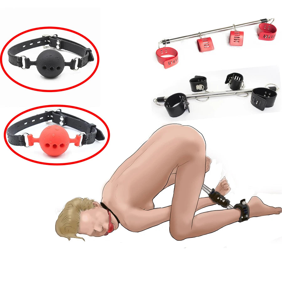 BDSM Bondage Adjustable Handcuffs Ankle with Stainless Steel Open Legs Pu Leather Set Silicone Mouth Gags for Couple Sex Games