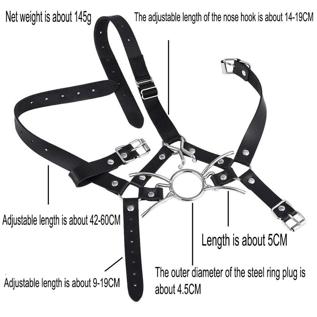 Bdsm Slave Metal Nose Hook,Oral Fixation Fetish Open Mouth Bite Gag with Nose Clip,SM Leather Head Bondage Harness Strap Sex Toy