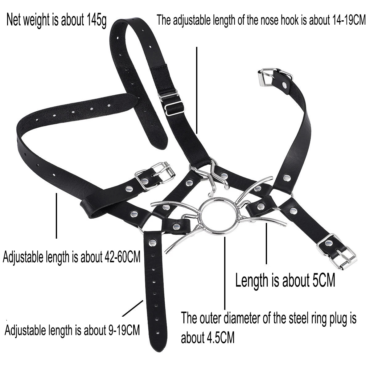 Bdsm Slave Metal Nose Hook,Oral Fixation Fetish Open Mouth Bite Gag with Nose Clip,SM Leather Head Bondage Harness Strap Sex Toy