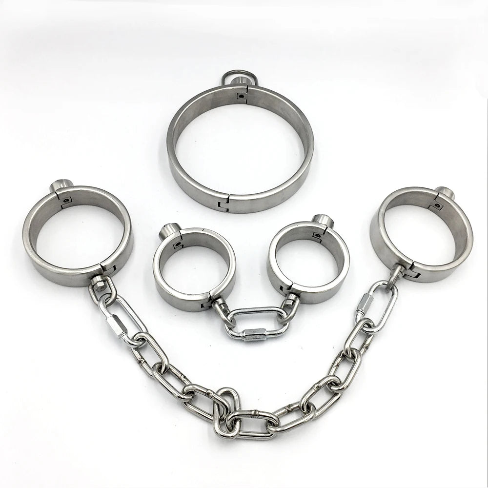 Stainless Steel Bondage Handcuffs Shackles Neck Collar Restraint Wrist Lock BDSM with Chain Set Adult Game Sex Toys for Couple