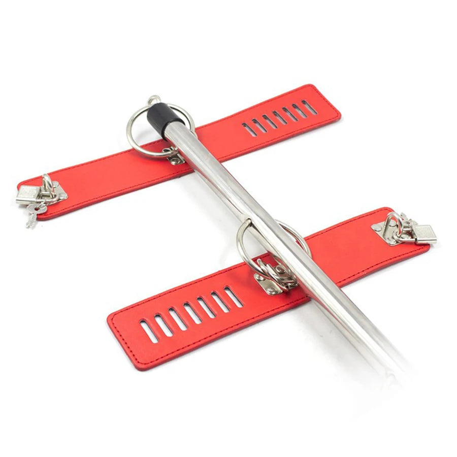 BDSM Bondage Adjustable Handcuffs Ankle with Stainless Steel Open Legs Pu Leather Set Silicone Mouth Gags for Couple Sex Games