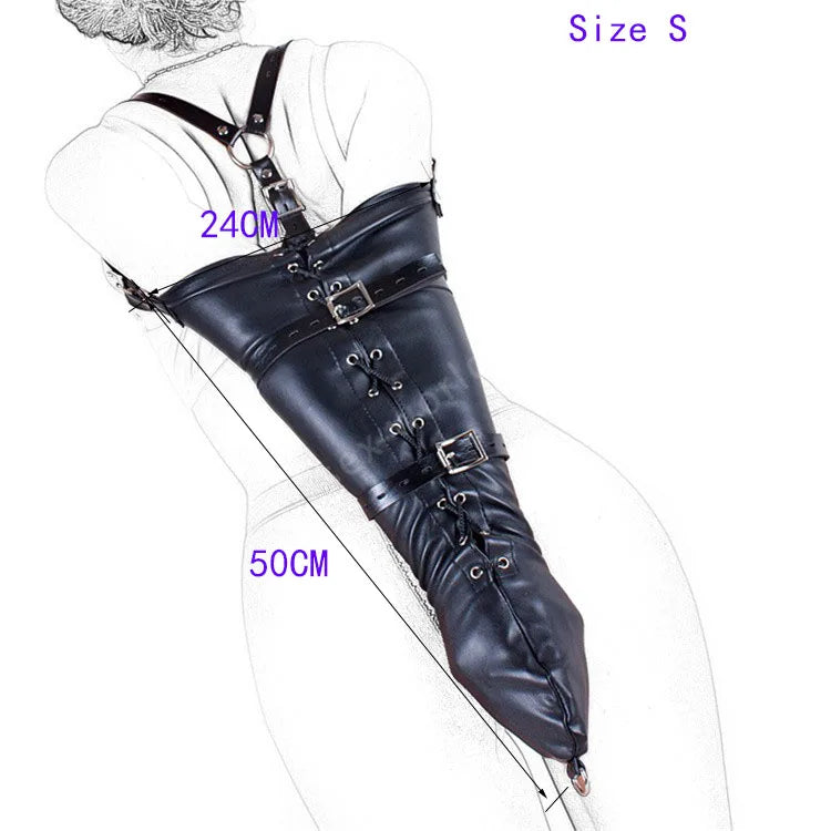 BDSM Bondage Leg/Arm Binder,Behind Back Straight Jacket,SM Leather Armbinder Restraint Slave Lockable Glove With Shoulder Straps