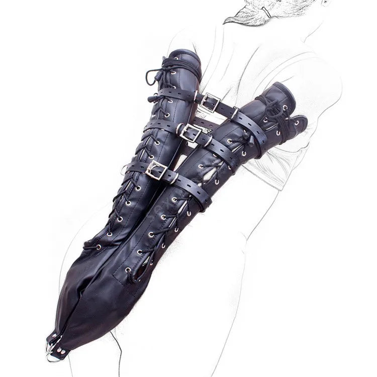 BDSM Bondage Leg/Arm Binder,Behind Back Straight Jacket,SM Leather Armbinder Restraint Slave Lockable Glove With Shoulder Straps