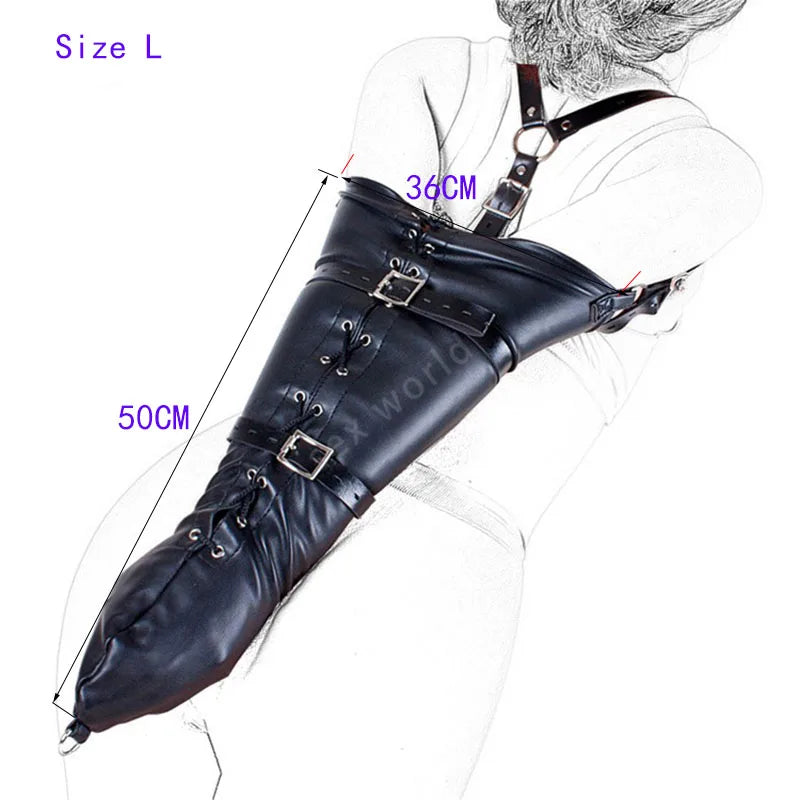 BDSM Bondage Leg/Arm Binder,Behind Back Straight Jacket,SM Leather Armbinder Restraint Slave Lockable Glove With Shoulder Straps