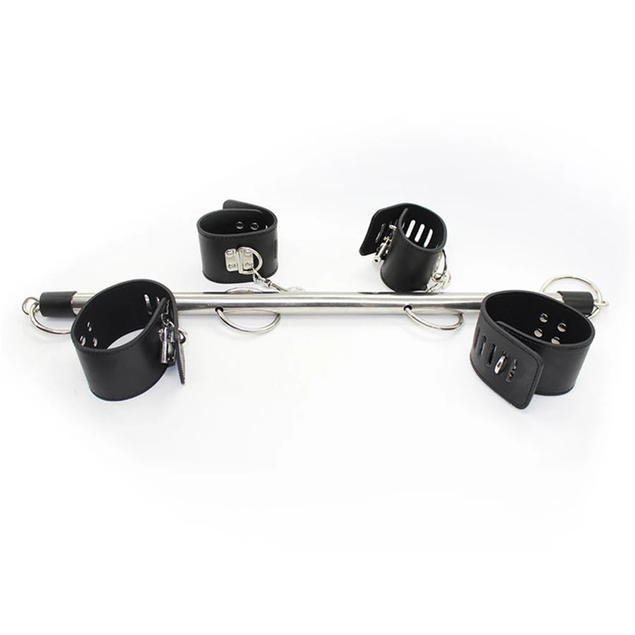 BDSM Bondage Adjustable Handcuffs Ankle with Stainless Steel Open Legs Pu Leather Set Silicone Mouth Gags for Couple Sex Games