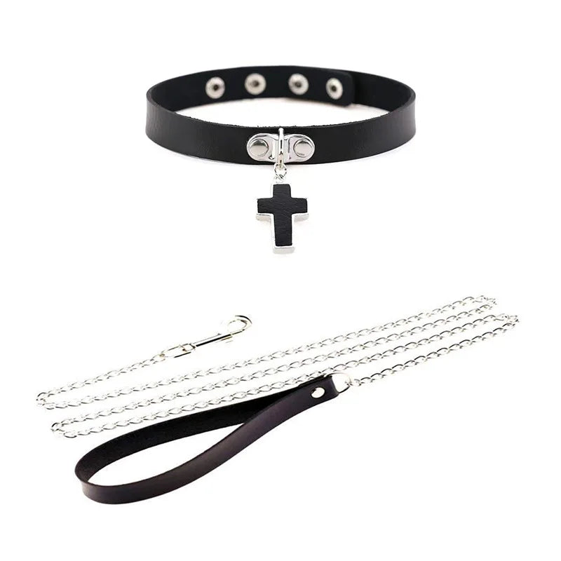 Adjustable BDSM Leather Collar with Chain for Couples, Fetish Play & Role-Playing Sex Toy, Sexy Bondage SM Toy