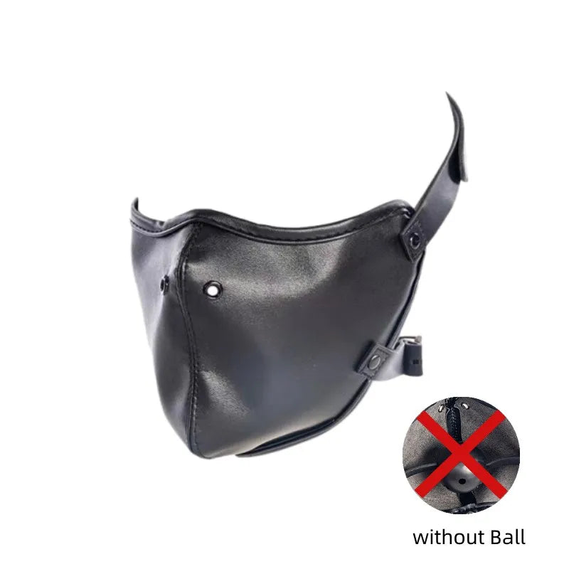BDSM Bondage Harness Leather Hood Mask with Hard Ball Mouth Plug Ball Gag for Fetish Restraint Game Adult Pleasure Sex Toys