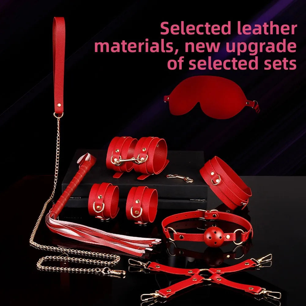 BDSM Bondage Restraints Electric Shock Set Mouth Gag Handcuffs Ankle Cuffs Collar Eyepatch Whip Bondage Ties Kits SexToy