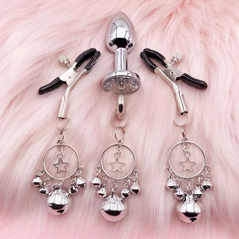 Anal Plug With Bell Ring Sex Nipple Breast Clamps Woman Nipple Clamp Traction Chain Sexy Nipple Clip Adult SM Couple Sex Toys