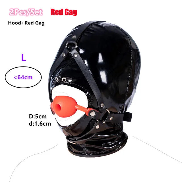 Leather Wetlook BDSM Mask Hood Gimp Open Mouth,Silicone Ball Gag with Hole,Bondage Gear Head Harness,Erotic Sex Toys For Couples