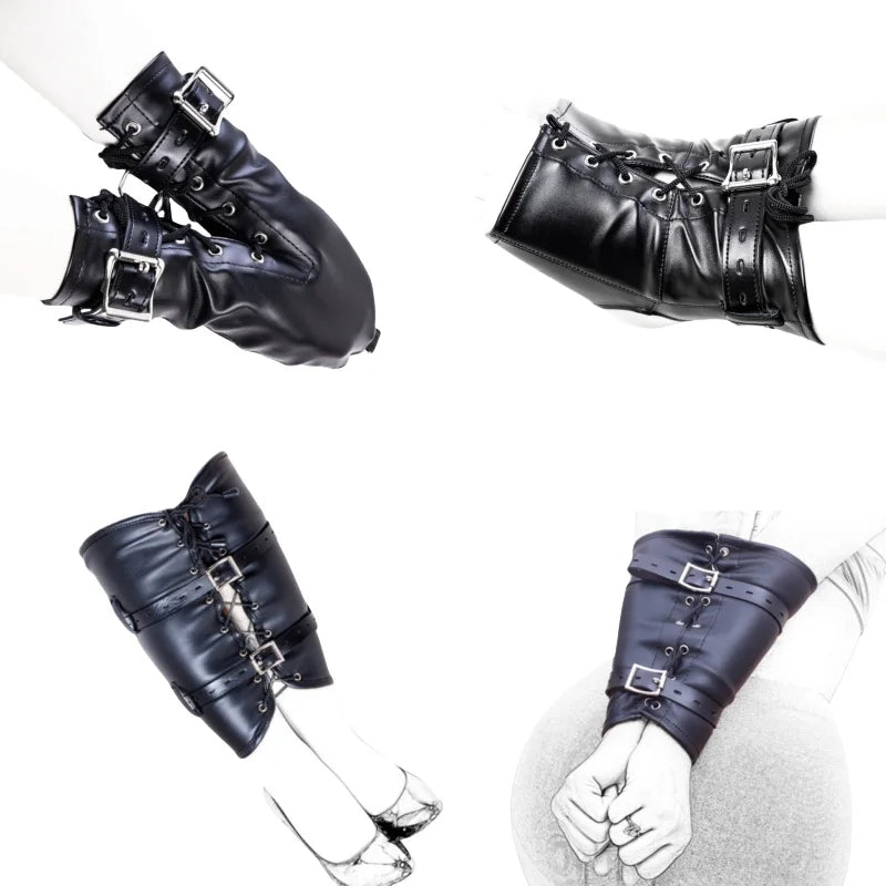 Unisex Leather Bondage Bracelets Set with Adjustable BDSM Handcuffs Dual Feet Cuffs for Couple Role Play Shame Sex Toys