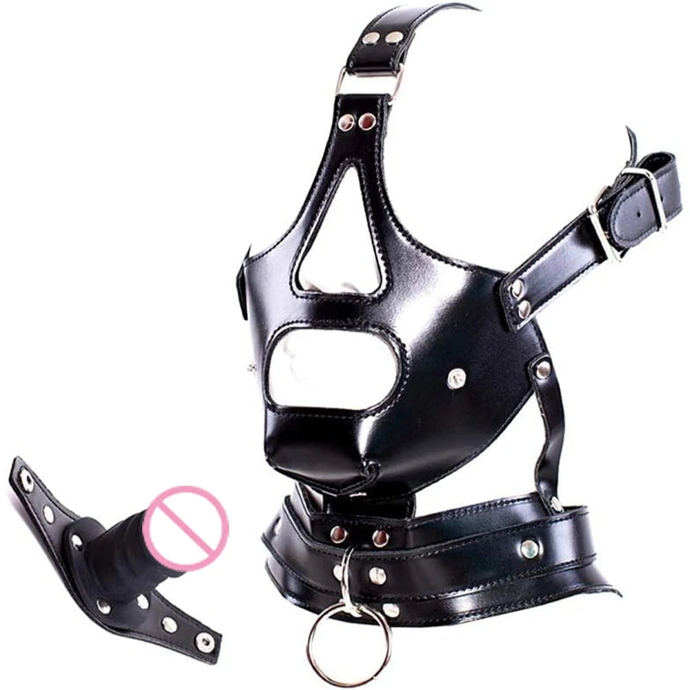 Leather Bondage Pussy with Detachable Silicone Dildo Mouth Gag Adjustable Head Harness BDSM Fetish Dog Slave Female Restraints