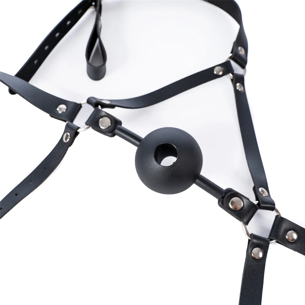 Leather Wetlook BDSM Mask Hood Gimp Open Mouth,Silicone Ball Gag with Hole,Bondage Gear Head Harness,Erotic Sex Toys For Couples