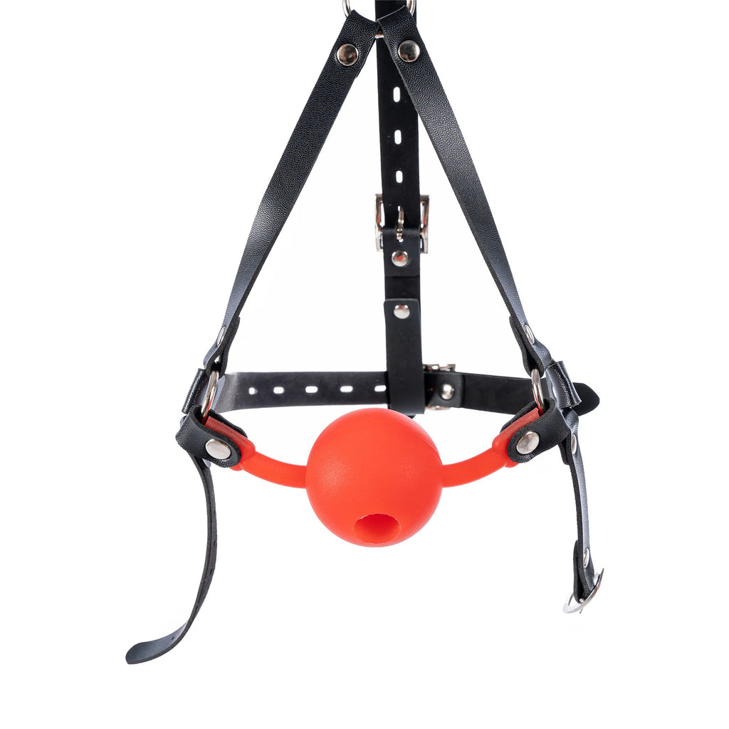 Leather Wetlook BDSM Mask Hood Gimp Open Mouth,Silicone Ball Gag with Hole,Bondage Gear Head Harness,Erotic Sex Toys For Couples