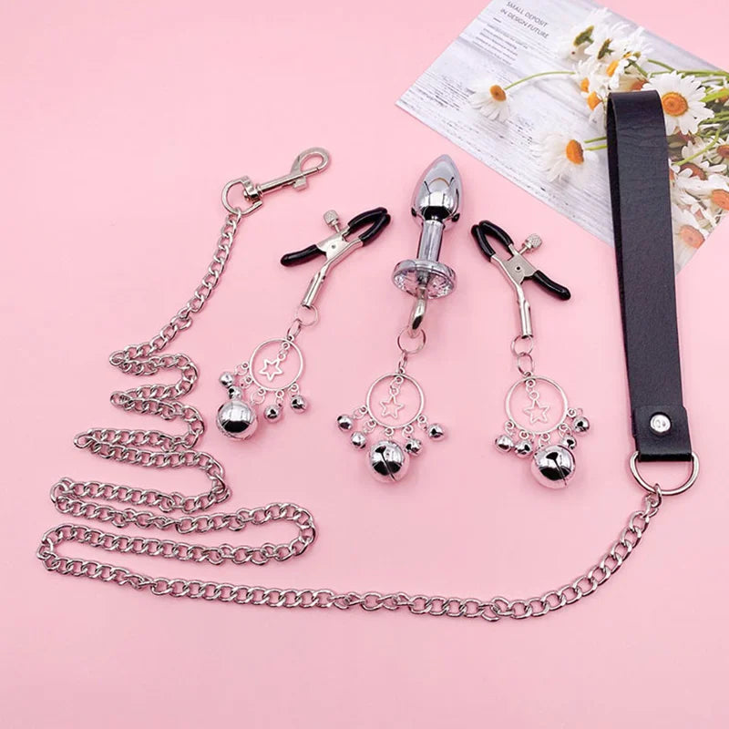 Anal Plug With Bell Ring Sex Nipple Breast Clamps Woman Nipple Clamp Traction Chain Sexy Nipple Clip Adult SM Couple Sex Toys