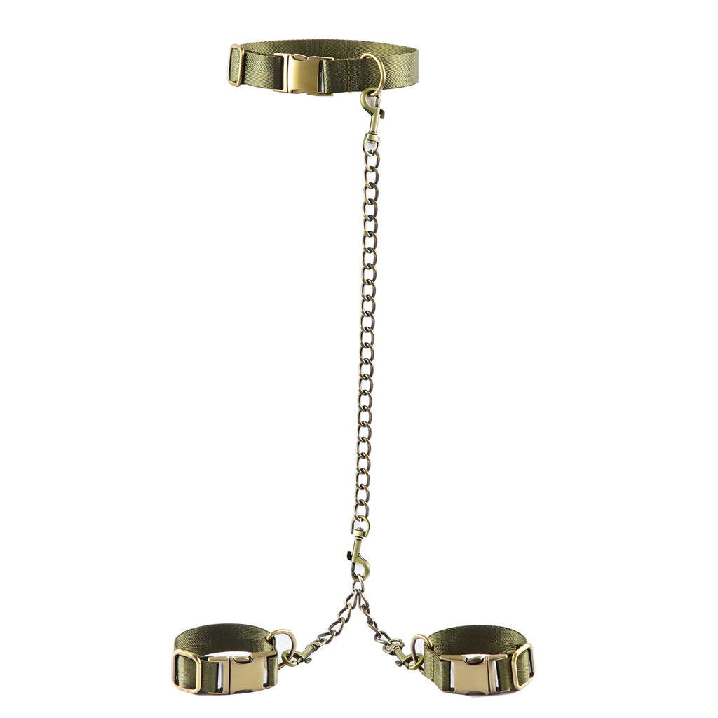 Hard Metal Collar to Wrist Restraints BDSM Harness Bondage Handcuffs Army Green SM Tools For Couples Sex Games Adult Supplies
