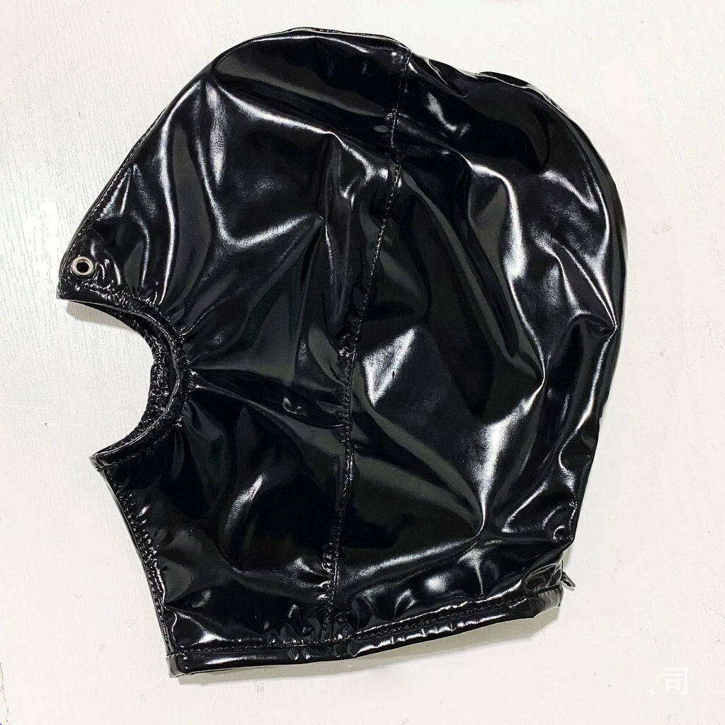 Leather Wetlook BDSM Mask Hood Gimp Open Mouth,Silicone Ball Gag with Hole,Bondage Gear Head Harness,Erotic Sex Toys For Couples