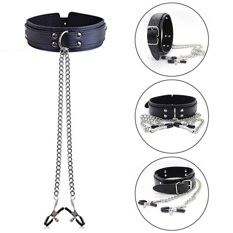 BDSM Fetish Collar Nipple Clamps Leather Necklace Chain Slave Erotic Adult Sex Toys For Women Couples Men Fliting Games Sex Shop
