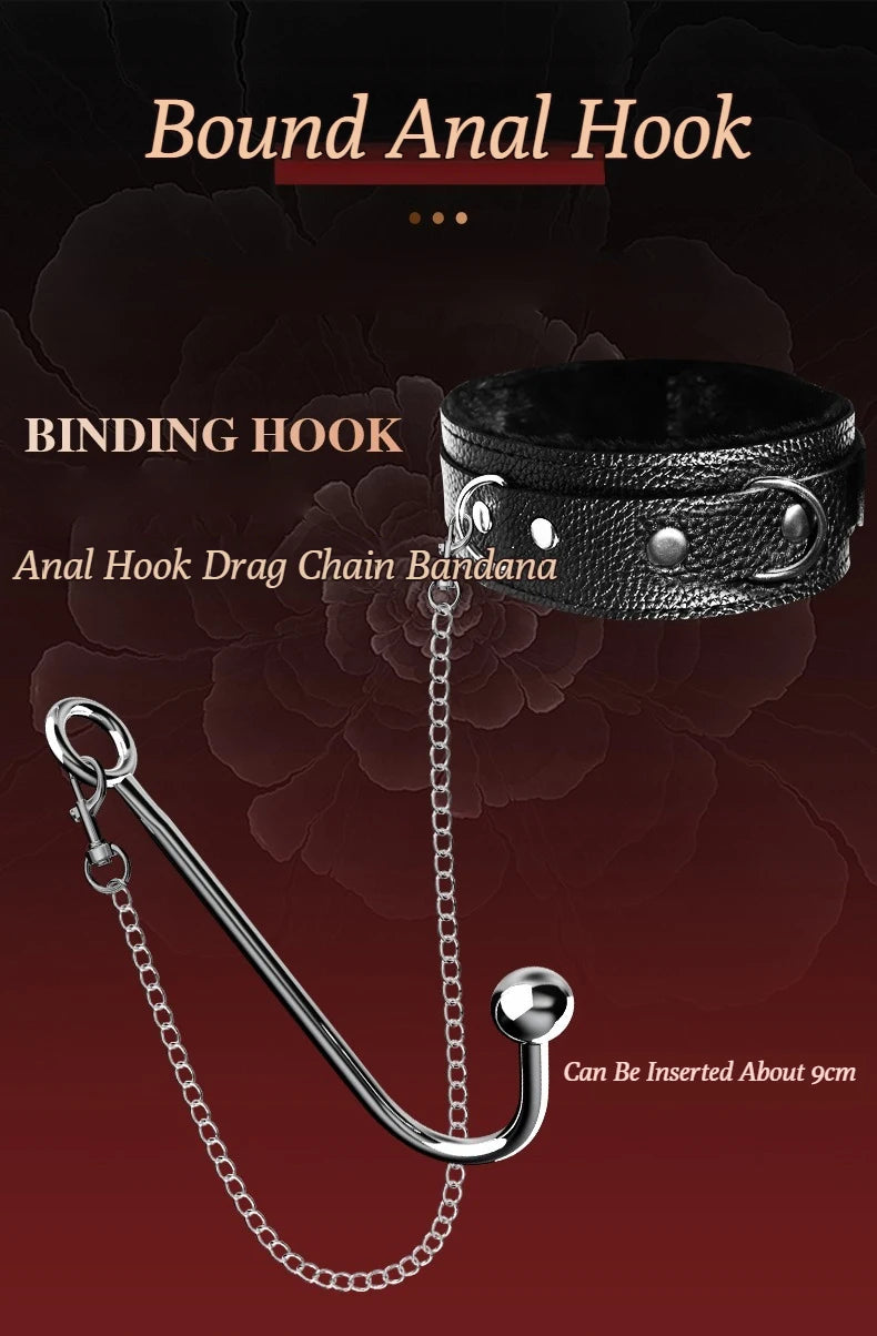 Metal Anal Hook with Leather Collar Sexual Kits BDSM Erotic Bondage Restraint Game for Fetish Couples Adult Anal Sex Toy