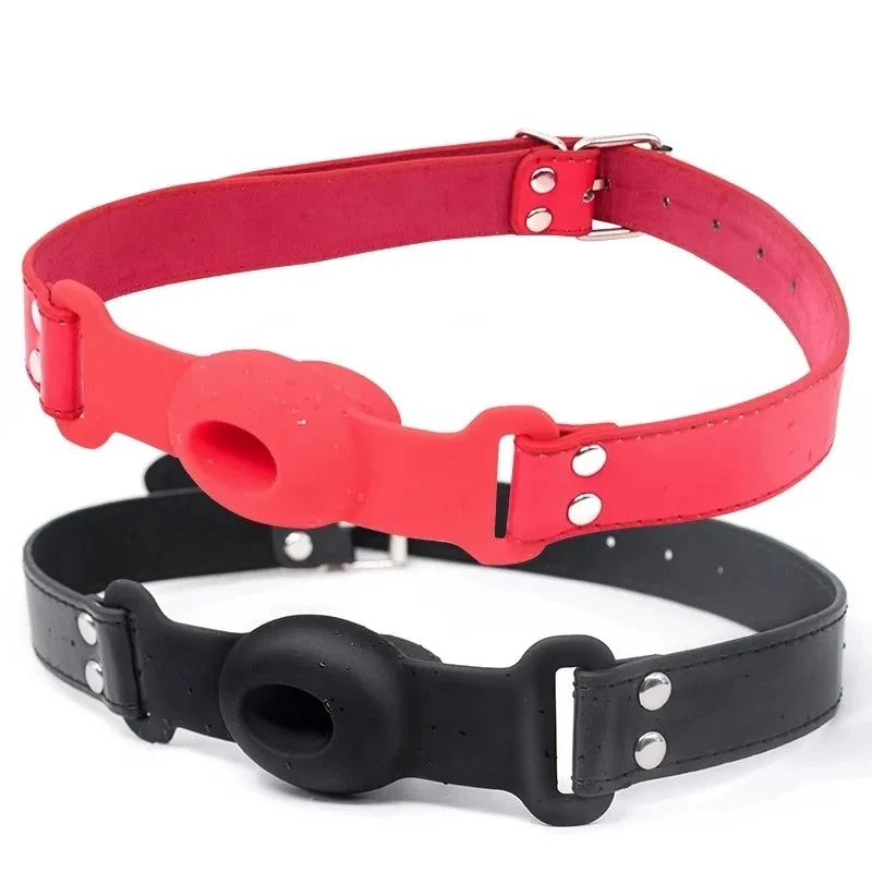 Silicone Ball Gag BDSM Adult Toy, Hollow Design Drooling Gag with Leather Straps, Ring Gag BDSM Bondage Gear for Men Women
