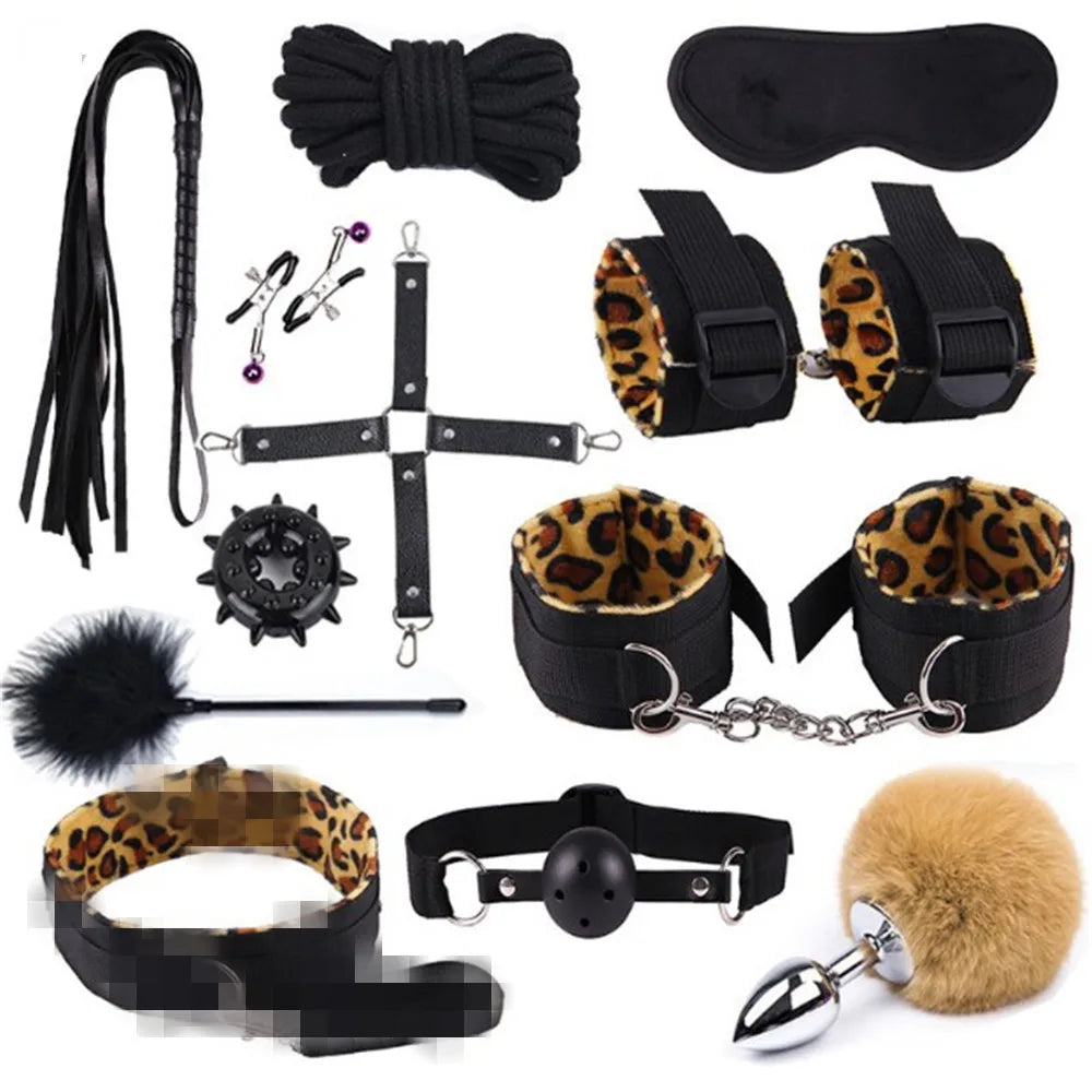 BDSM Kits Adults Sex Toys For Women Men Handcuffs Nipple Clamps Whip Spanking Sex Metal Anal Butt Bdsm Bondage Set