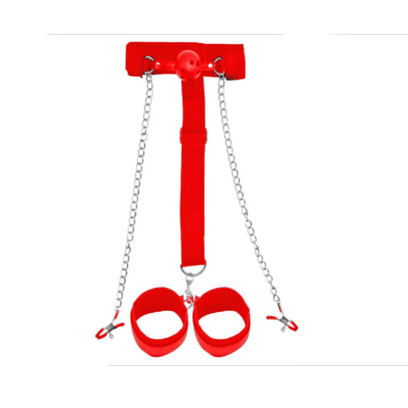 BDSM Sexy Bondage With Handcuffs Ankle Cuffs Adjustable Straps Breast Clip Oral Plug Adult Game Erotic Sex Toy for Women Couples