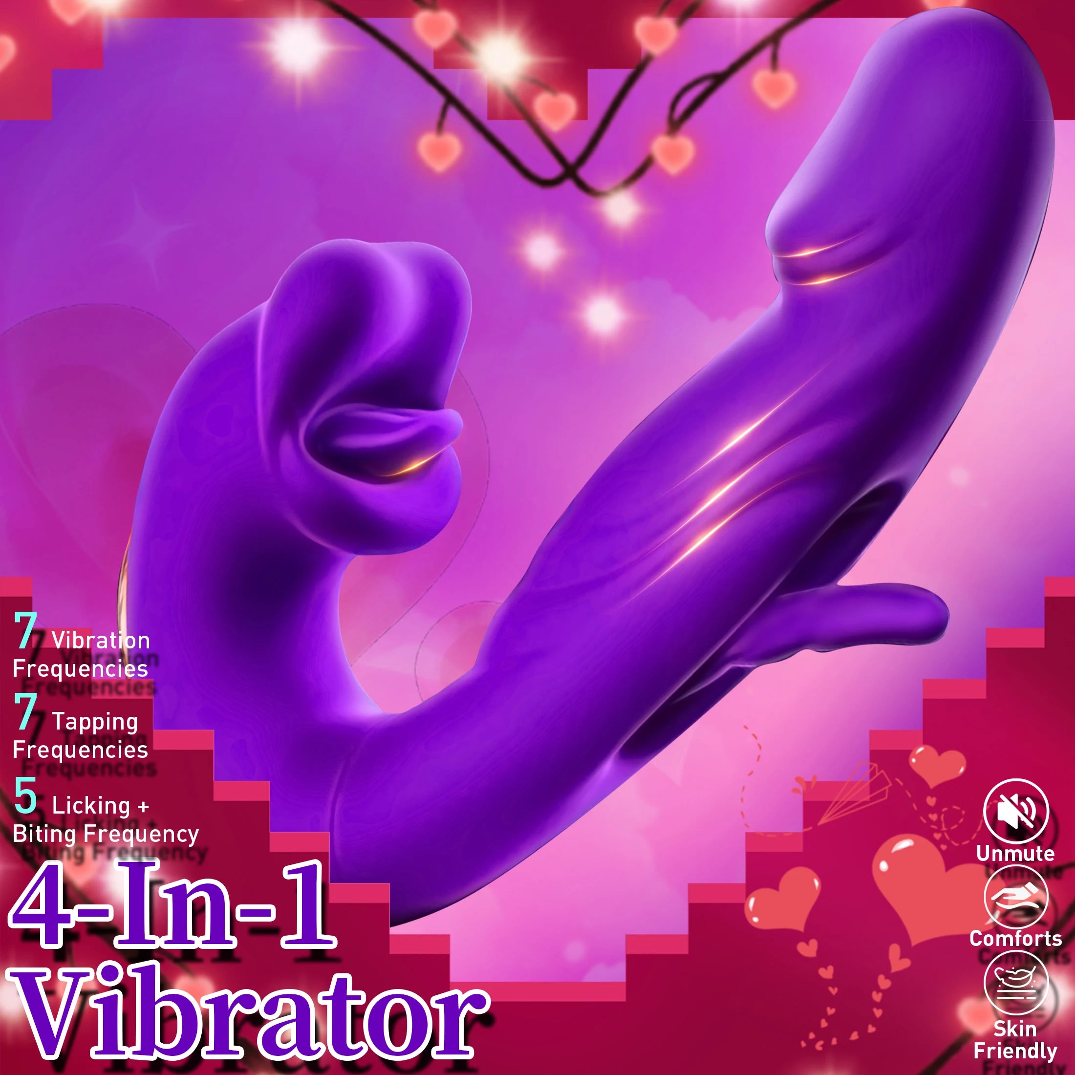 Adult Toy 4-in-1 Vibrating Massager Multiple Frequencies Stimulates G-Spot Sucks Clitoris Suitable for Couples' Oral Sex