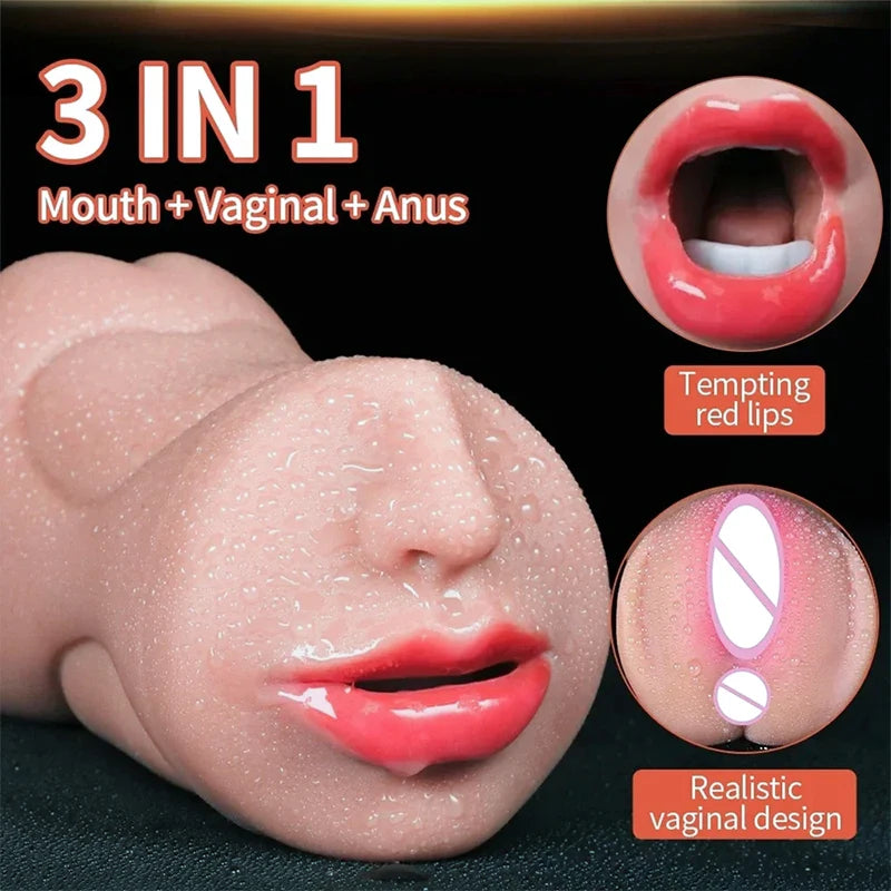3 in 1 Male Masturbator Pocket Pussy 3D Textured Male Sex Toys with Sexy Mouth Realistic Vaginal and Tight Anus Sex Doll Stroker