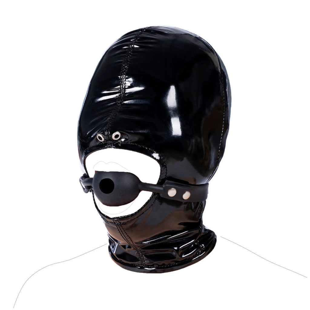 Leather Wetlook BDSM Mask Hood Gimp Open Mouth,Silicone Ball Gag with Hole,Bondage Gear Head Harness,Erotic Sex Toys For Couples