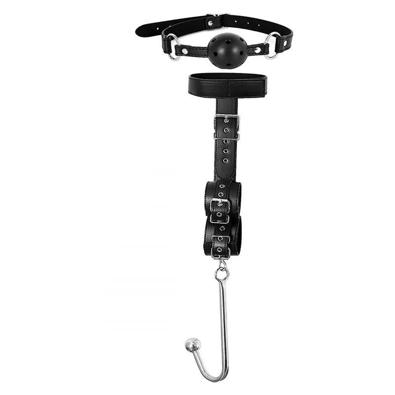 BDSM Metal Anal Hook Mouth Gag PU Leather Collar Neck to Wrist Restraints Kits Bondage Sex Toy Women Adjustable Back Handcuffs