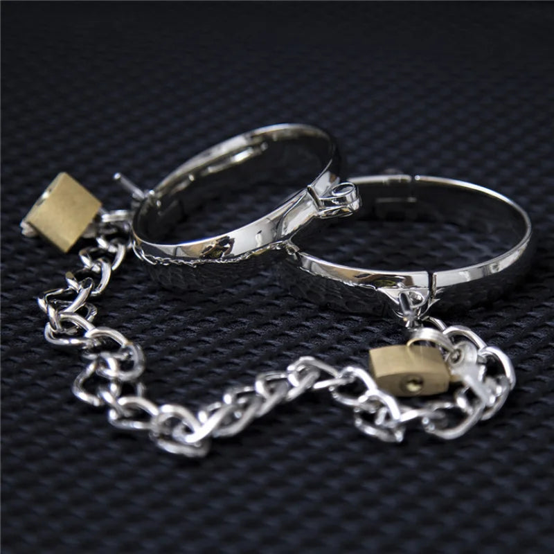 Metal Steel Handcuffs Wrist Ankle Cuffs with Chain and Lock Spreader Bar BDSM Restraints Adult Game Sex Toys for Women Men