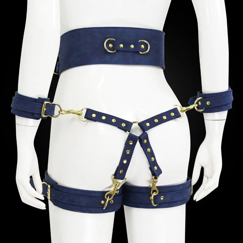 BDSM Bondage Set with Belt Wrist and Thigh Cuffs Cross Buckles Adult Play Bondage Handcuffs and Footcuffs Adjustable SM Games