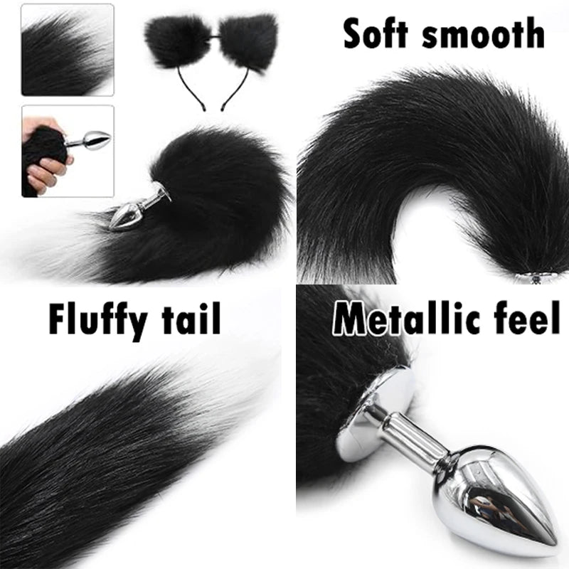 Sex Anal Butt Plug with Faux Fox Tail and Ear-Anal Stopper Tail Adult Sex toys for couples SM Games Cosplay Stainless Steel
