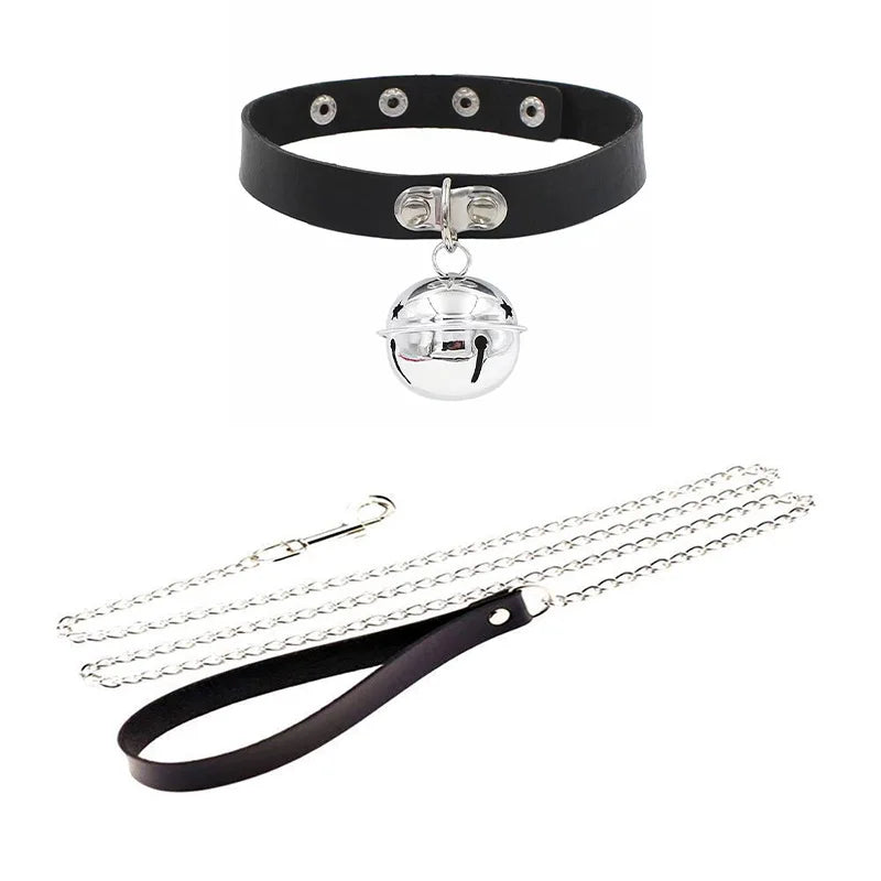 Adjustable BDSM Leather Collar with Chain for Couples, Fetish Play & Role-Playing Sex Toy, Sexy Bondage SM Toy