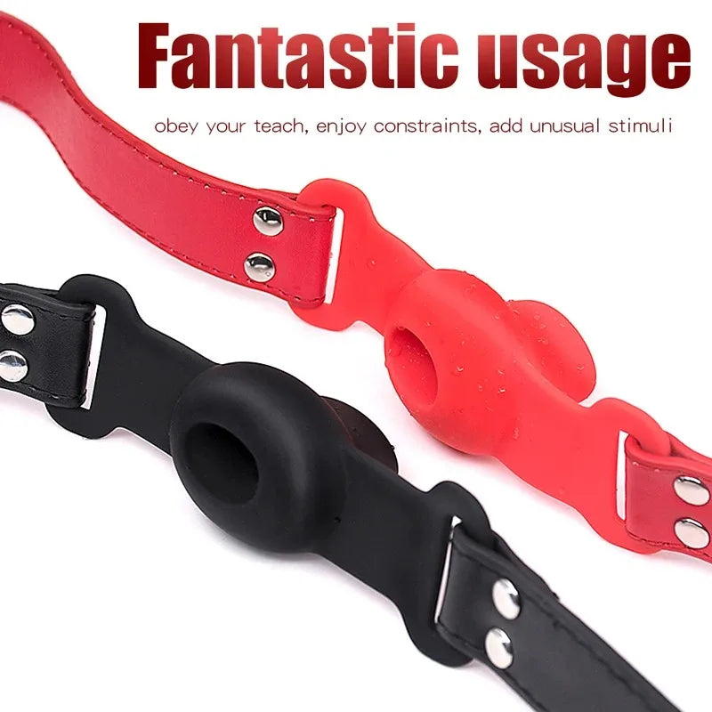 Silicone Ball Gag BDSM Adult Toy, Hollow Design Drooling Gag with Leather Straps, Ring Gag BDSM Bondage Gear for Men Women