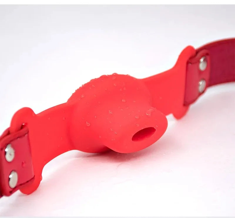 Silicone Ball Gag BDSM Adult Toy, Hollow Design Drooling Gag with Leather Straps, Ring Gag BDSM Bondage Gear for Men Women