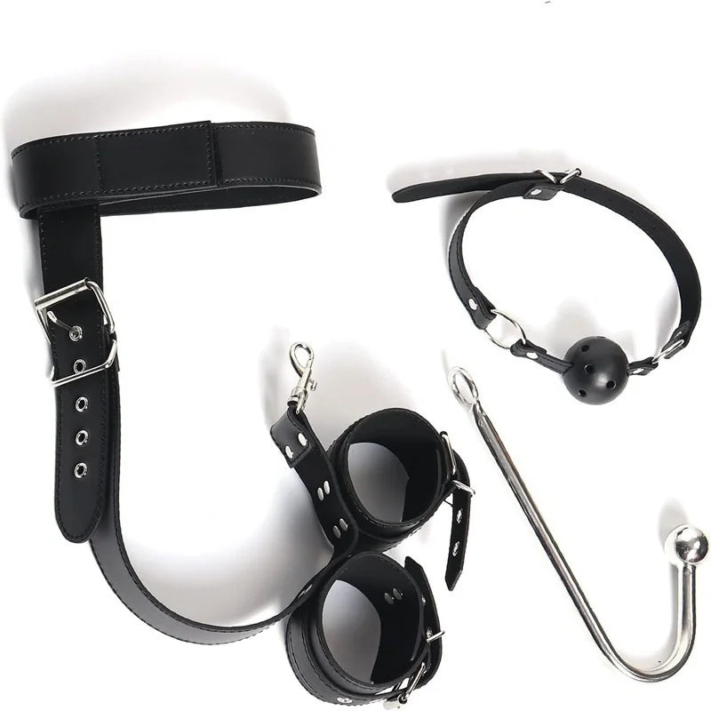 BDSM Metal Anal Hook Mouth Gag PU Leather Collar Neck to Wrist Restraints Kits Bondage Sex Toy Women Adjustable Back Handcuffs