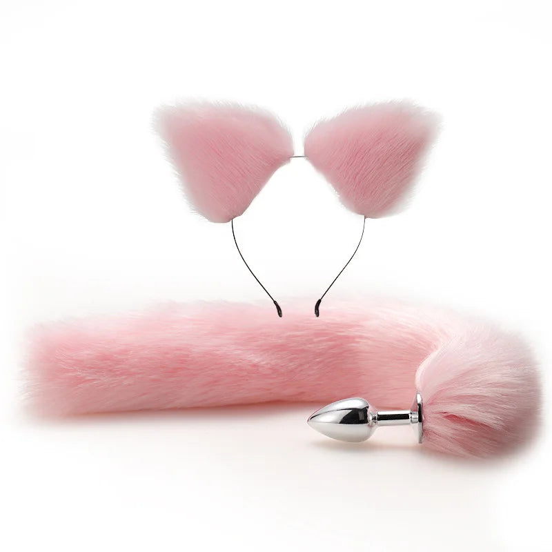 Sex Anal Butt Plug with Faux Fox Tail and Ear-Anal Stopper Tail Adult Sex toys for couples SM Games Cosplay Stainless Steel