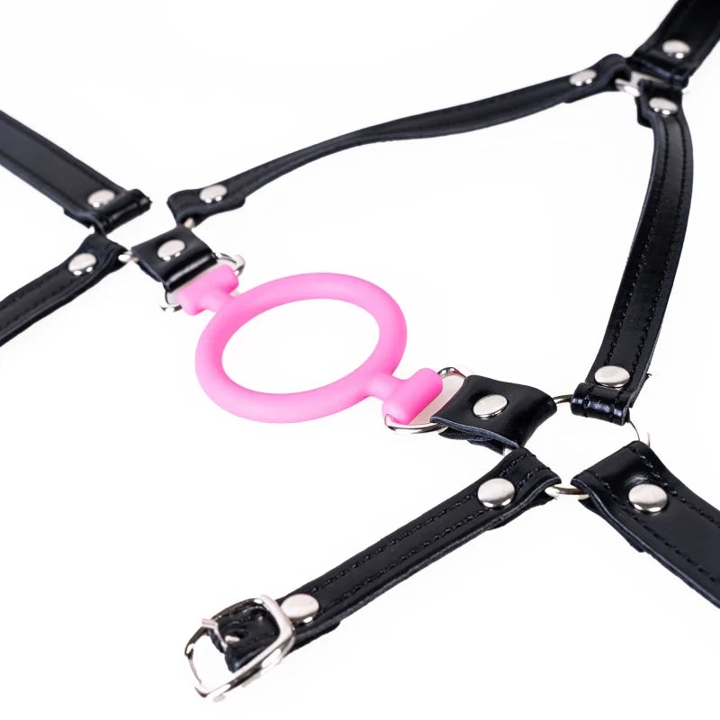 Adjustable Silicone Open Mouth Penis Ring Leather Harness Mask Gags for Couple Delay Ejaculation Lasting Cock Sex Toys