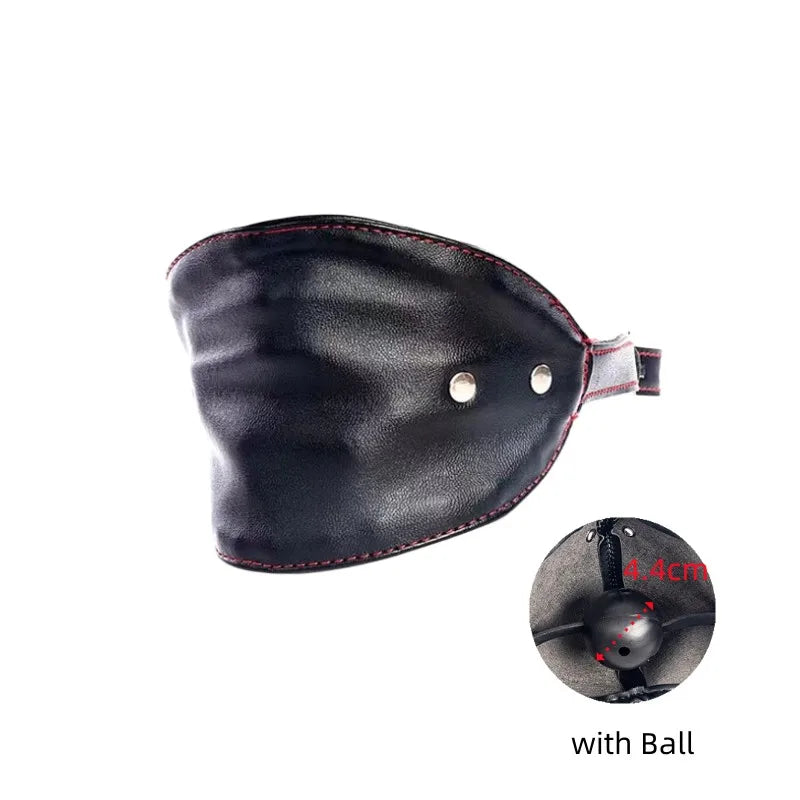 BDSM Bondage Harness Leather Hood Mask with Hard Ball Mouth Plug Ball Gag for Fetish Restraint Game Adult Pleasure Sex Toys