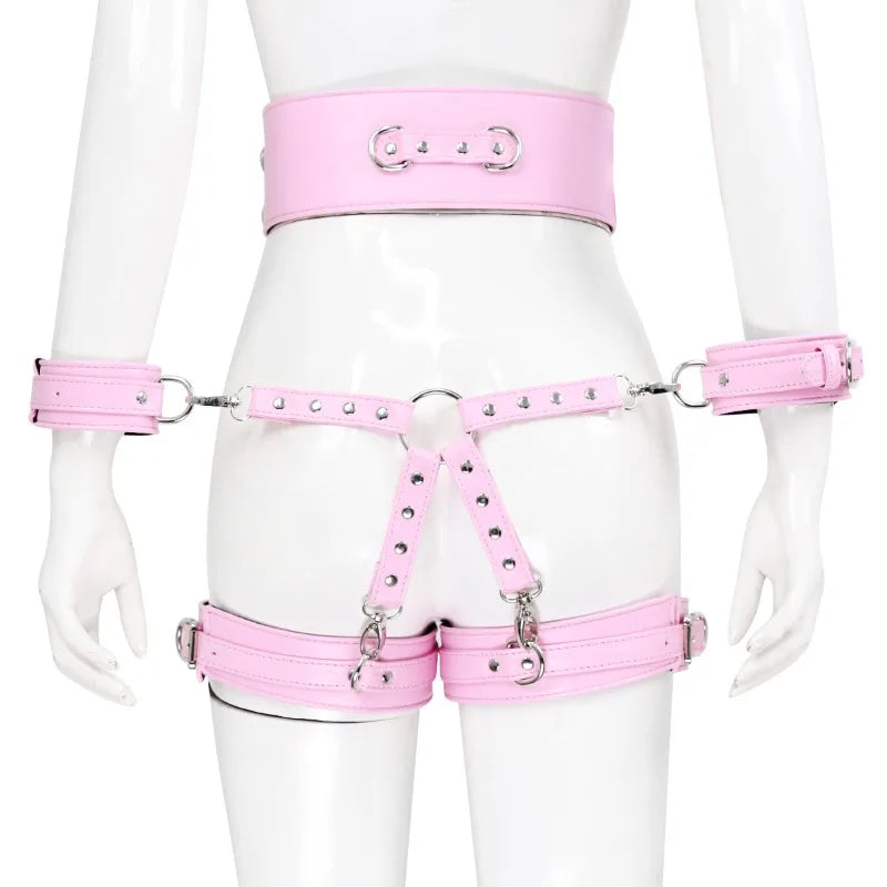 BDSM Bondage Set with Belt Wrist and Thigh Cuffs Cross Buckles Adult Play Bondage Handcuffs and Footcuffs Adjustable SM Games