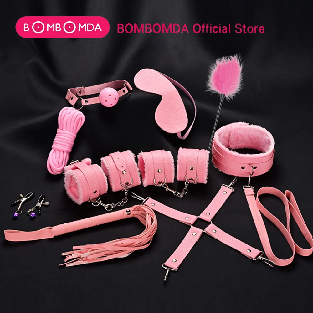 BDSM Bondage Restraint Kit 10 Pieces Drawstrings Collars Eye Masks Mouth Balls Whips Cotton Ropes Nipple Clamps Rope for Couple