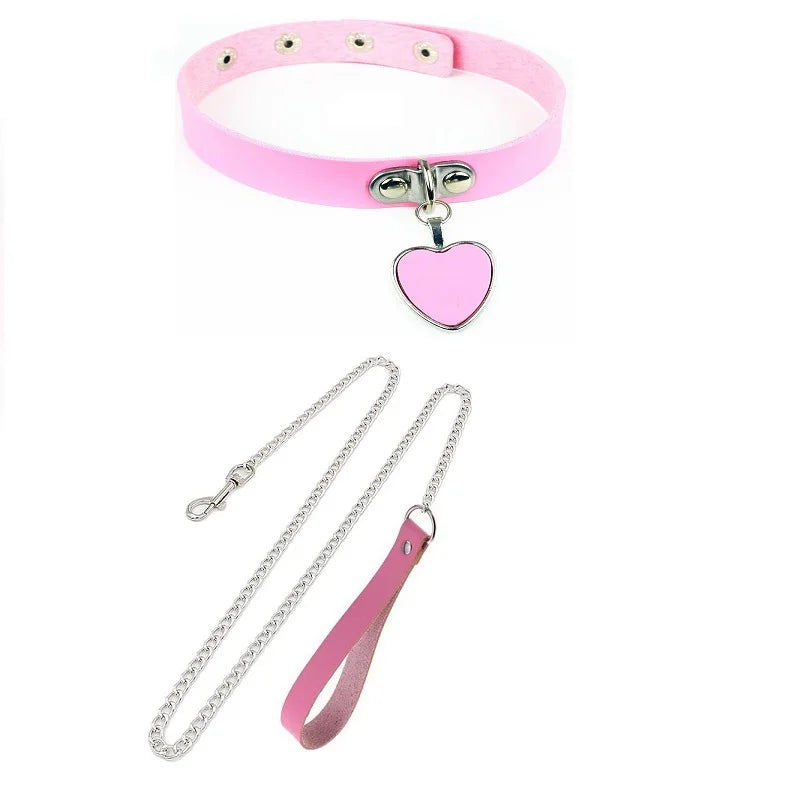 Sexy Necklace Collar Leather Bdsm Cosplay Slave Heart Collars And Leash Set For Women Bondage Gothic Choker Bell Accessories