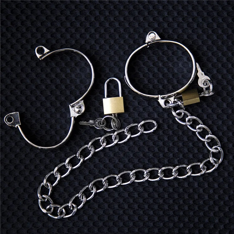 Metal Steel Handcuffs Wrist Ankle Cuffs with Chain and Lock Spreader Bar BDSM Restraints Adult Game Sex Toys for Women Men